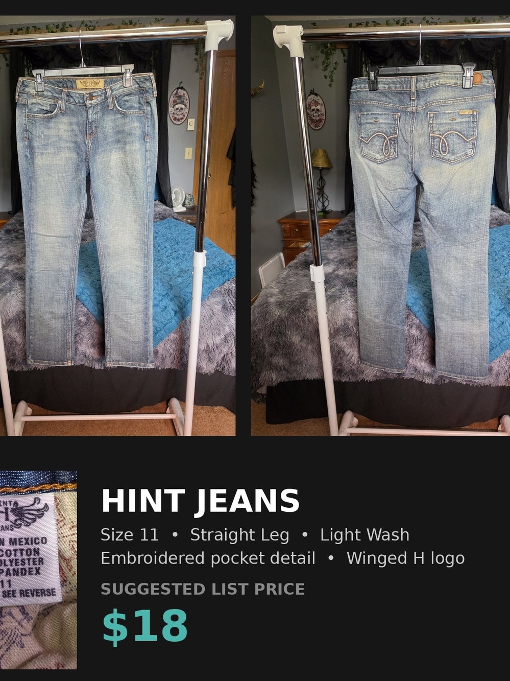 Hint Jeans Womens 11 Straight Leg Jeans Light Wash Winged H Logo